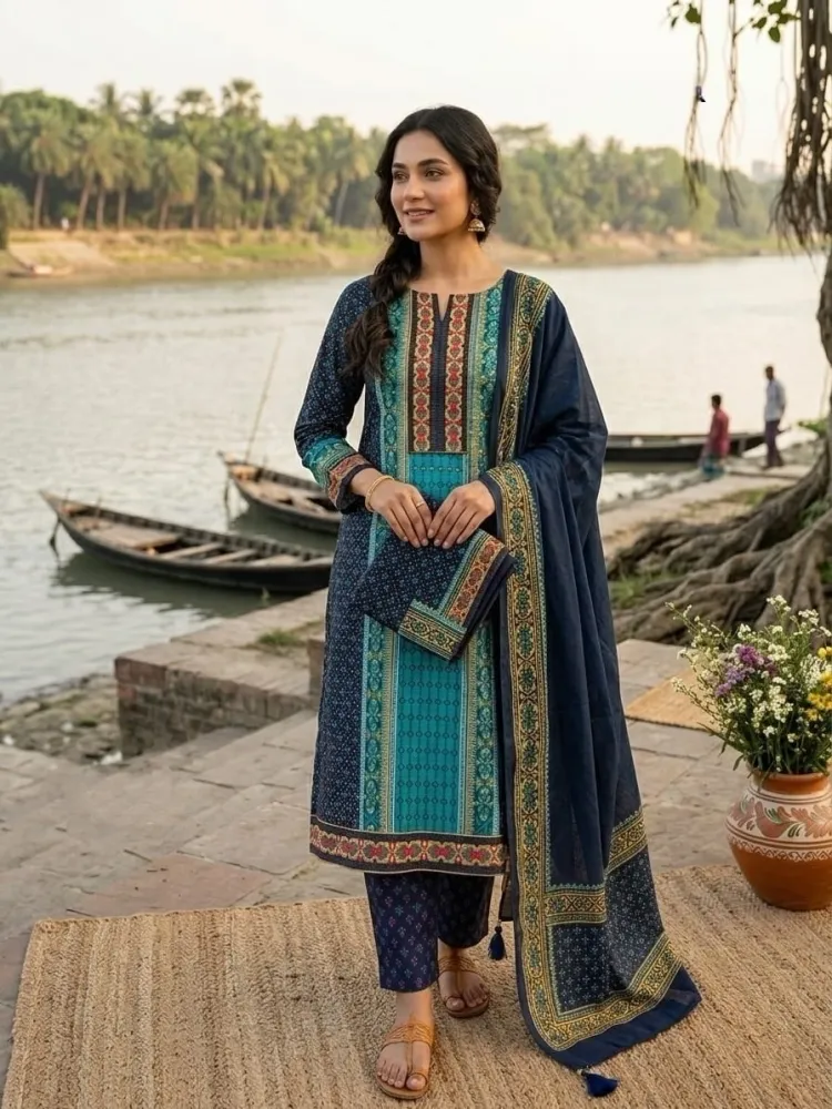 Teal & Navy Cotton Block Print 3-Piece Salwar Kameez