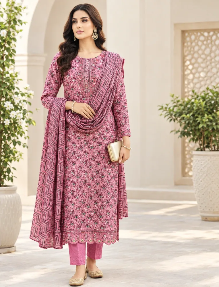 Mauve Pink Soft Cotton Digital Print Embroidered & Sequin Work 3-Piece Salwar Kameez