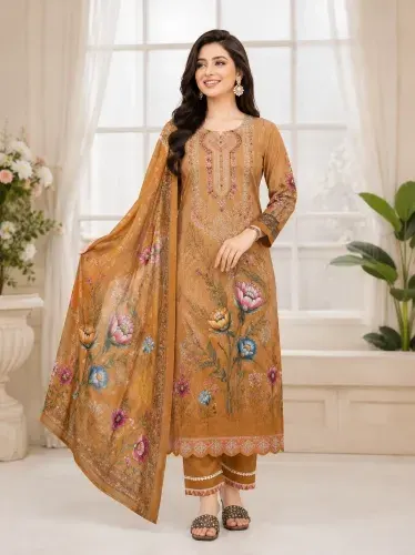 Mustard Brown Soft Cotton Digital Print Embroidered 3-Piece Salwar Kameez