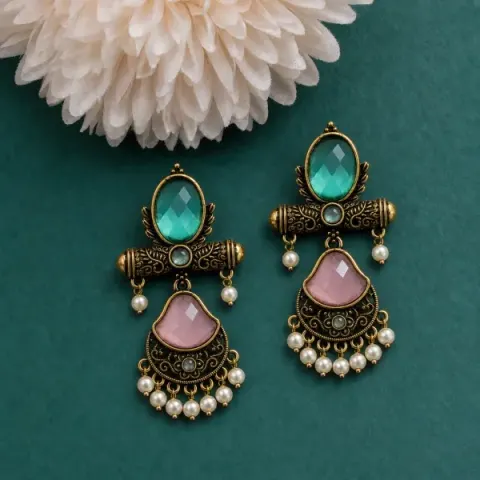 Pink Premium Antique Stone & Pearl Chandbali Earrings for Women