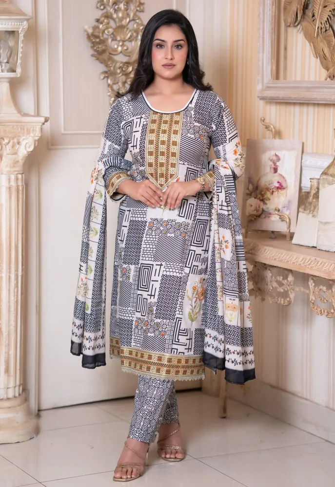 Noor Elegance Rewan Cotton Three Piece Set - Shopemart