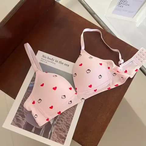 Pink Love Print Bra – Cute Heart & Cartoon Printed Comfort Bra for Women