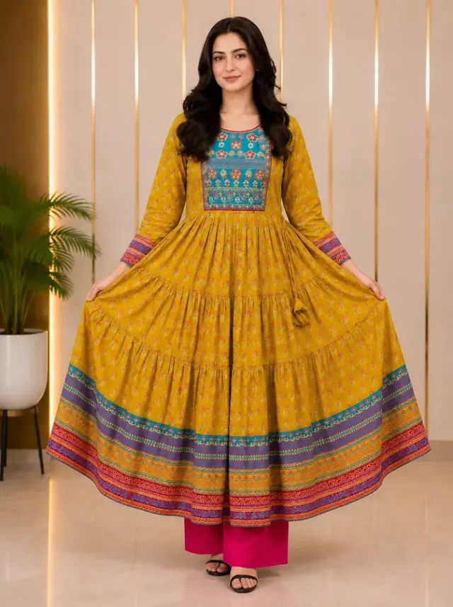 Embroidered Soft Aarong Cotton 1-Piece Anarkali Dress for Women - Shopemart