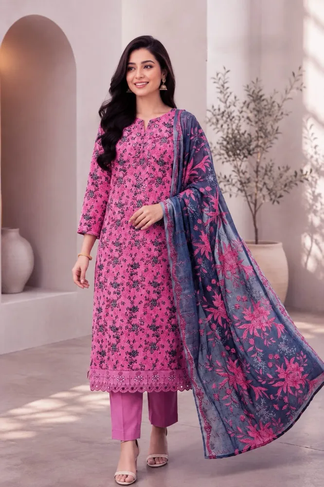 Magenta Soft Cotton Digital Print Embroidered & Sequin Work 3-Piece Salwar Kameez