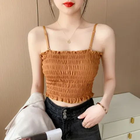 Brown Mini Tops Bra – Stretchy Smocked Crop Camisole for Women