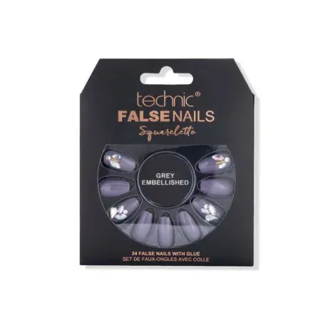 Technic Squareletto 24 False Nails With Glue - Grey Embellished — TECHNIC beauty product