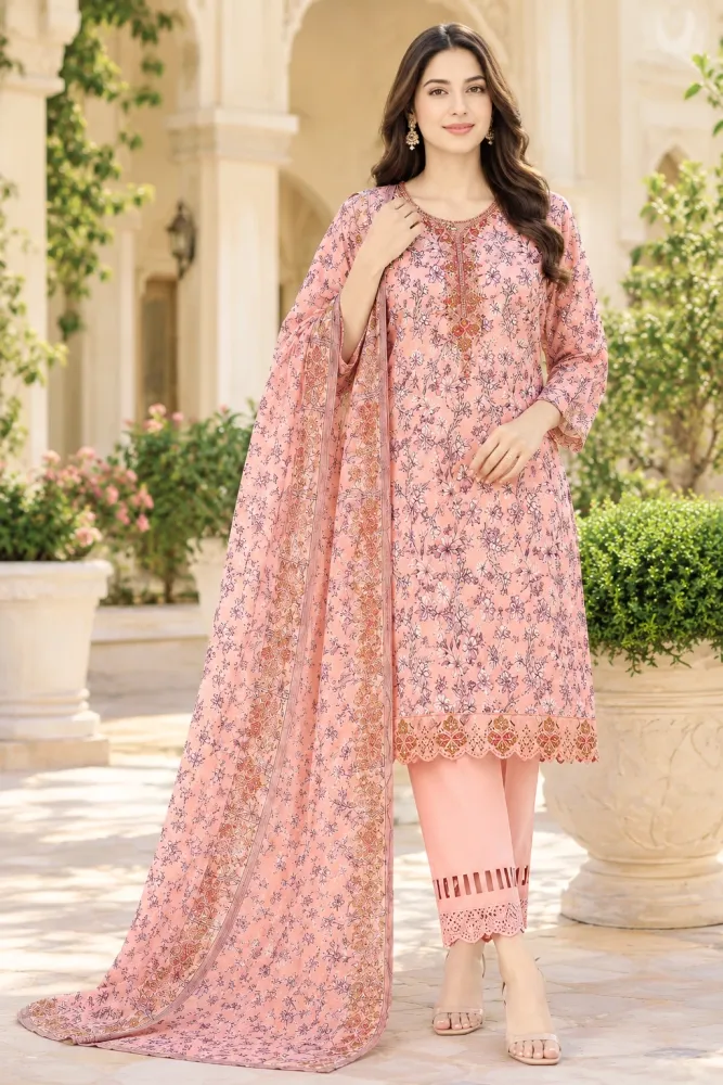 Peach Pink Soft Cotton Digital Print Embroidered 3-Piece Salwar Kameez