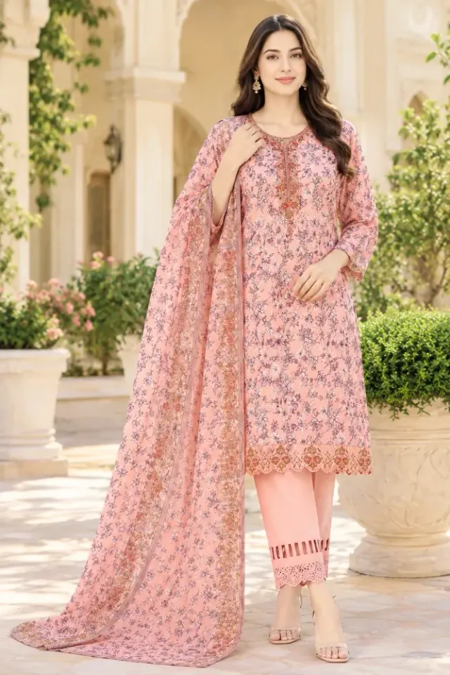 Peach Pink Soft Cotton Digital Print Embroidered 3-Piece Salwar Kameez