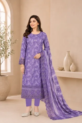 Violet Soft Cotton Digital Print Embroidered & Sequin Work 3-Piece Salwar Kameez