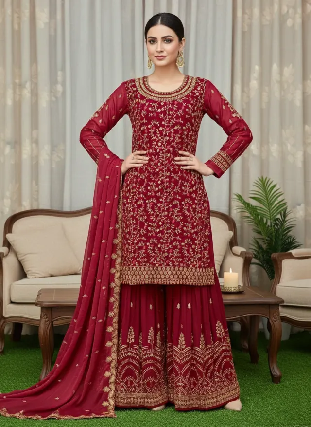 Maroon Embroidered Georgette Sharara Suit Set for Women