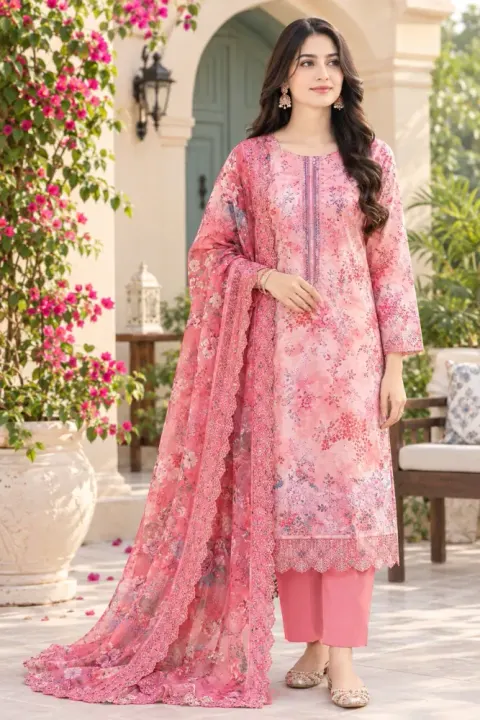 Coral Pink Soft Cotton Digital Print Embroidered 3-Piece Salwar Kameez