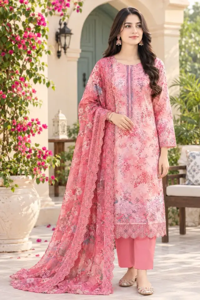 Coral Pink Soft Cotton Digital Print Embroidered 3-Piece Salwar Kameez