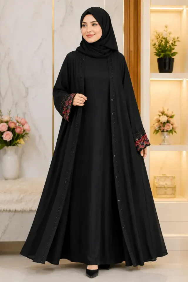Premium Dubai Cherry Fabric Double Layer Front Open Borka with Inner & Hijab - Shopemart 1