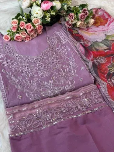 Pure Cotton Embroidery & Sequins Work With Cota Cotton Digital Printed Dopatta Three Piece Set - Shopemart 1