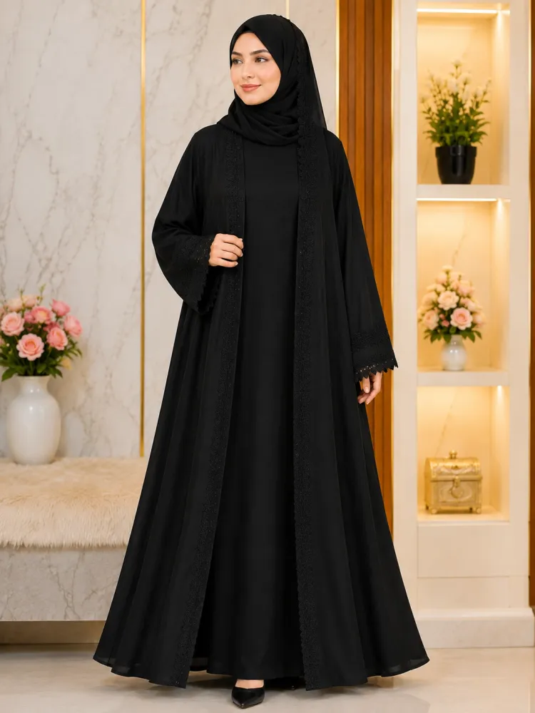 Premium 2-Part Dubai Cherry Burqa Set with Embroidered Stone Lace With Hijab - Shopemart 1