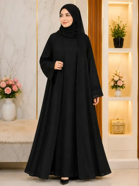 Premium 2-Part Dubai Cherry Burqa Set with Embroidered Stone Lace With Hijab - Shopemart 1