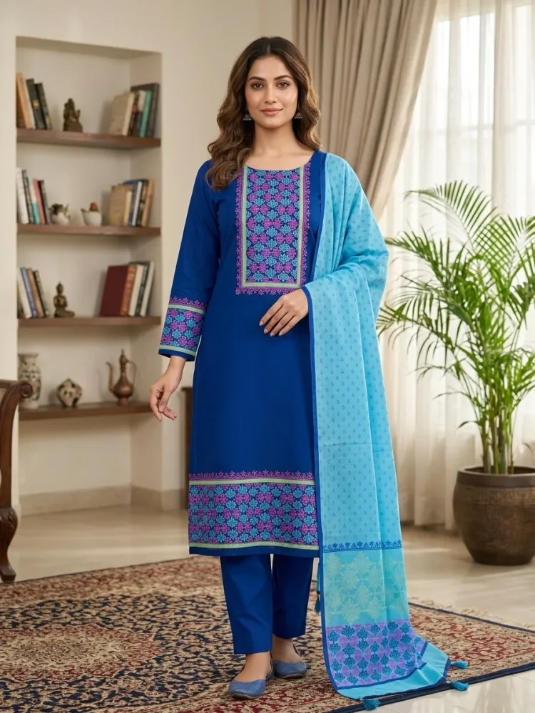 Royal Blue & Sky Blue Cotton Block Print 3-Piece Salwar Kameez