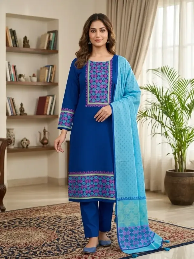 Royal Blue & Sky Blue Cotton Block Print 3-Piece Salwar Kameez