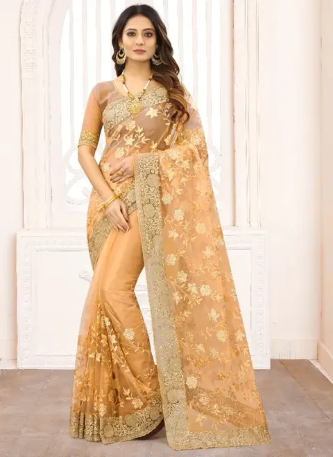 Elegant Golden Georgette Embroidered Saree for Women – Designer Party Wear & Wedding Saree - Shopemart