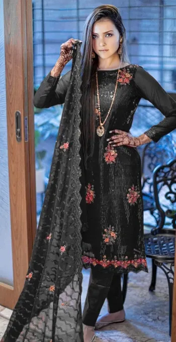 Black Luxury Embroidered Weightless Georgette 4-Piece Set for Women - Shopemart 1