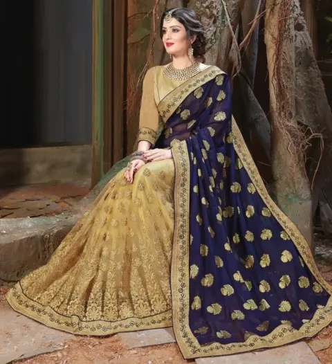 Navy Blue & Beige Embroidered Georgette Saree