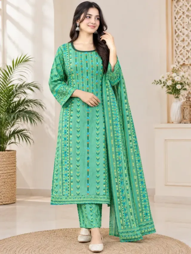 Green Cotton Block Print Ready-Made 3-Piece Salwar Kameez