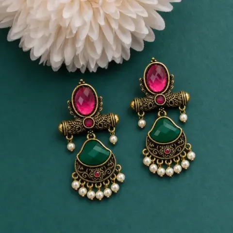 Green Premium Antique Stone & Pearl Chandbali Earrings for Women