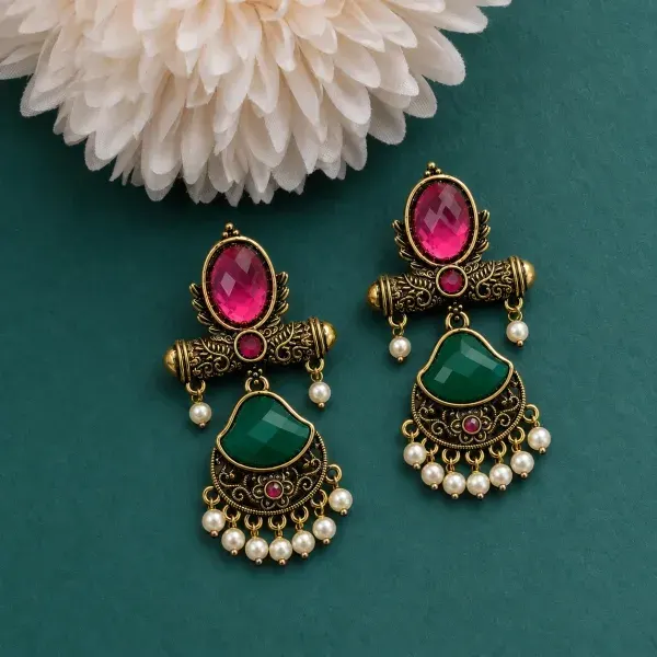 Green Premium Antique Stone & Pearl Chandbali Earrings for Women