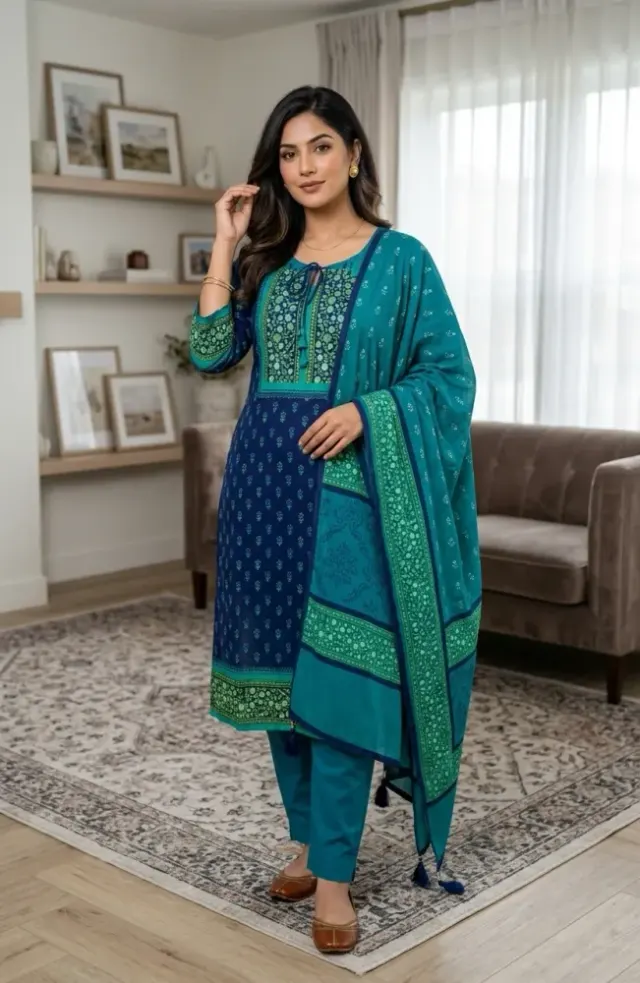Peacock Green Cotton Block Print 3-Piece Salwar Kameez