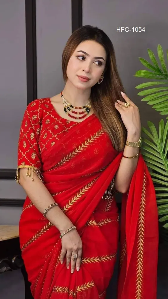 Red Saree with Gold Stripes