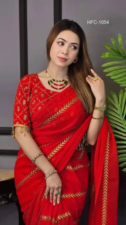 Red Saree with Gold Stripes