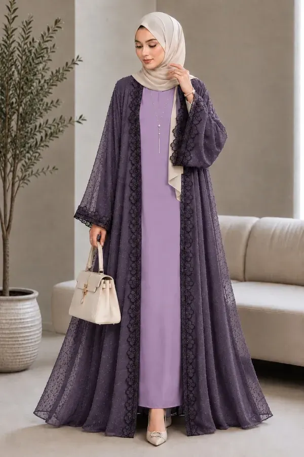 Labender Premium Designer Two-Layer Abaya | Gota Georgette & Saffron Silk
