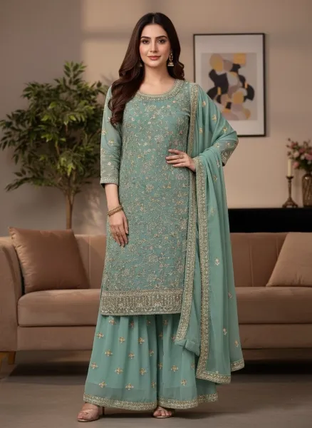 Embroidered Georgette Sharara Suit Set - Shopemart 1