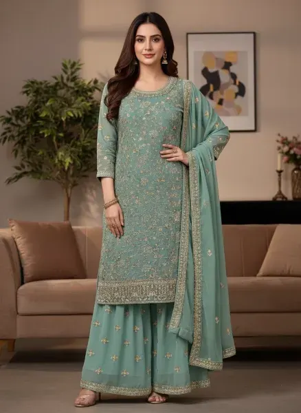 Embroidered Georgette Sharara Suit Set - Shopemart 1