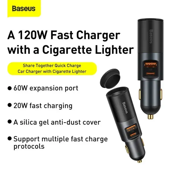 BASEUS USB+Type C Dual Port 120W Fast Charging Car Charger with Extra Socket Car Splitter — Baseus