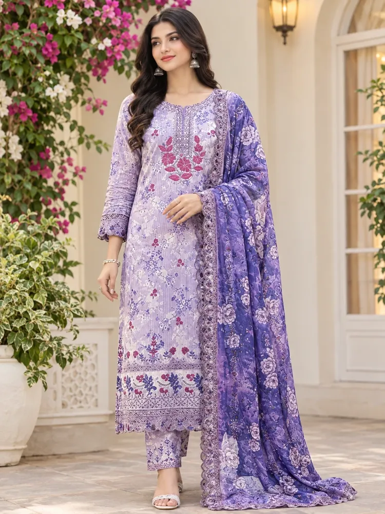 Lavender Soft Cotton Digital Print Embroidered 3-Piece Salwar Kameez