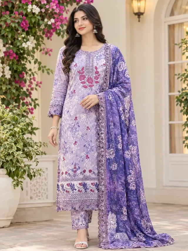 Lavender Soft Cotton Digital Print Embroidered 3-Piece Salwar Kameez