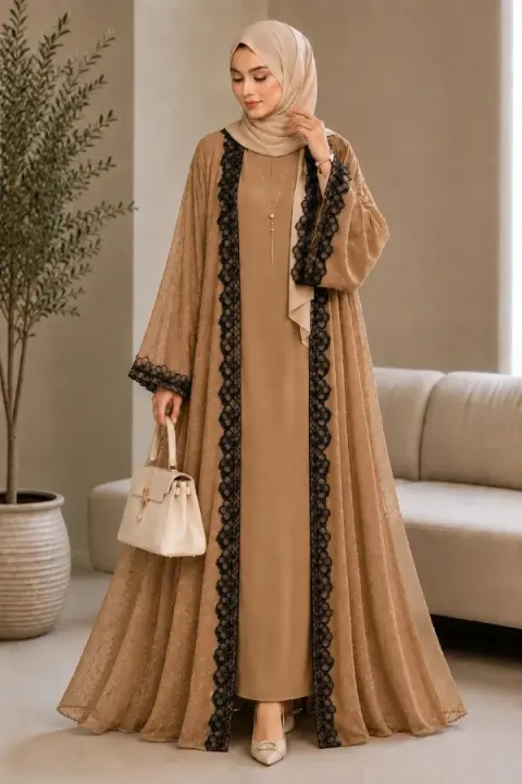 Biscuit Premium Designer Two-Layer Abaya | Gota Georgette & Saffron Silk