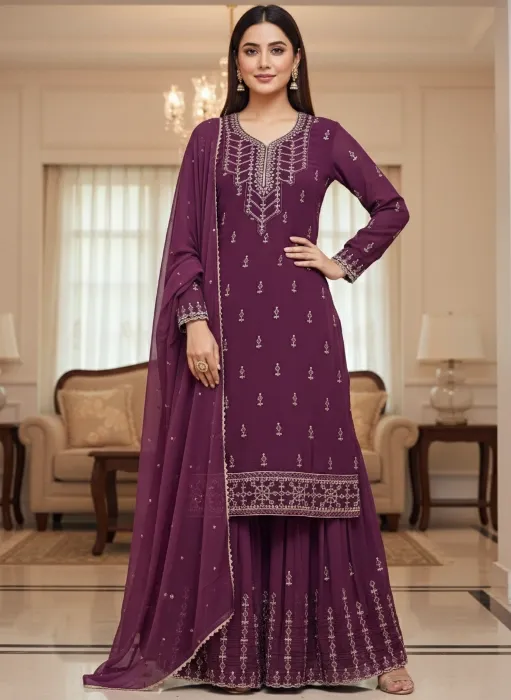 Embroidered Georgette Sharara Suit Set - Shopemart 1