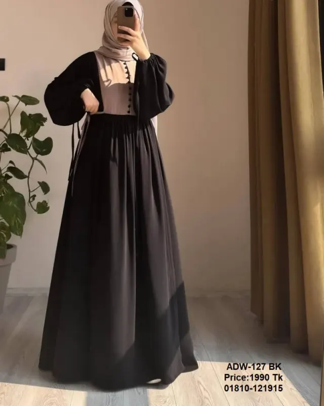 Elegant Black Contrast Panel Flared Abaya for Women