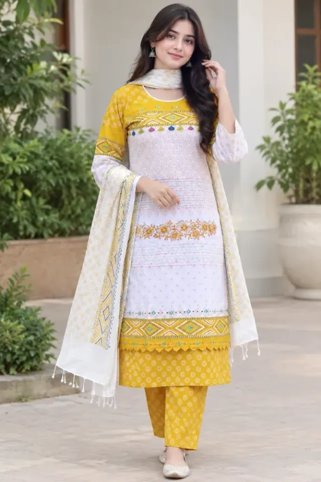 White & Yellow Cotton Block Print Ready-Made 3-Piece Salwar Kameez