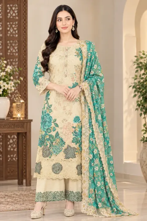 Cream & Teal Soft Cotton Digital Print Embroidered 3-Piece Salwar Kameez