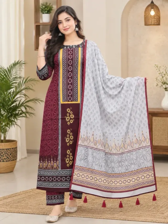 Maroon & White Cotton Block Print 3-Piece Salwar Kameez