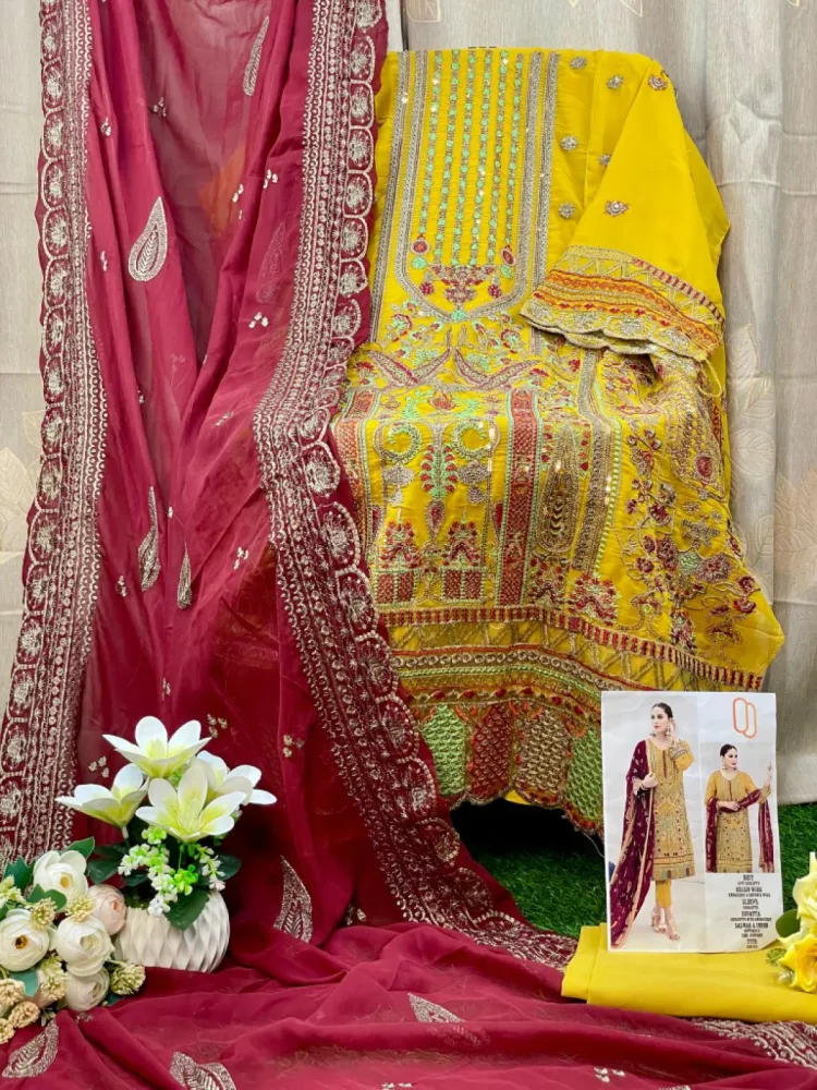 Mustard Yellow & Red Embroidered Georgette Semi-Stitched Salwar Suit