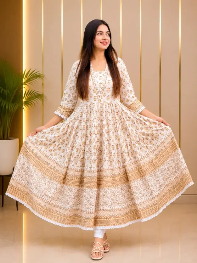 Mirror work Soft Aarong Cotton 1-Piece Anarkali Dress for Women - Shopemart