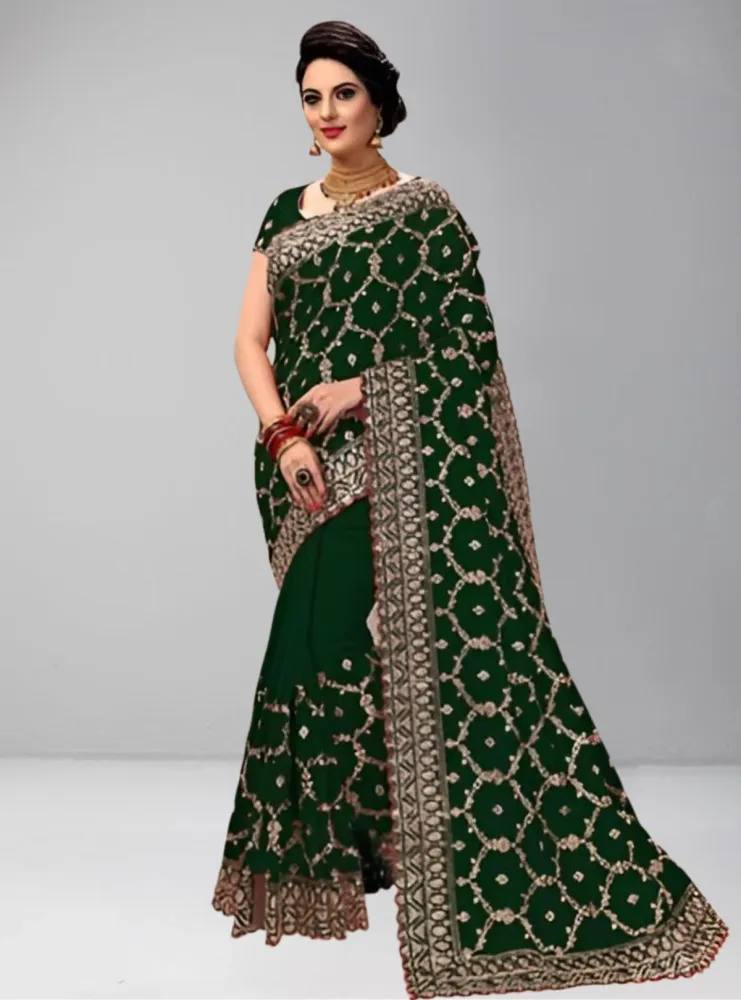 Elegant Green Weightless Georgette Saree with Intricate Golden Embroidery - Shopemart 1