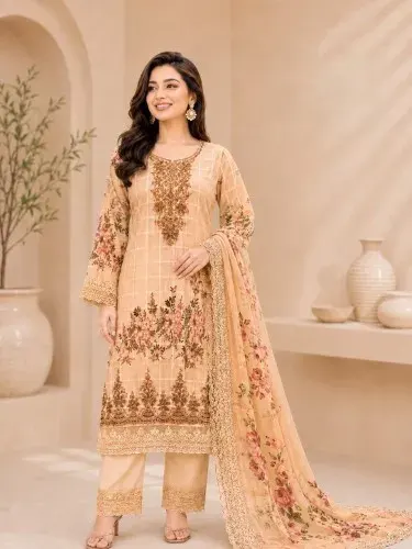 Peach Beige Soft Cotton Digital Print Embroidered 3-Piece Salwar Kameez