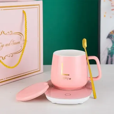 Electric ceramic coffee mug and saucer - Pink