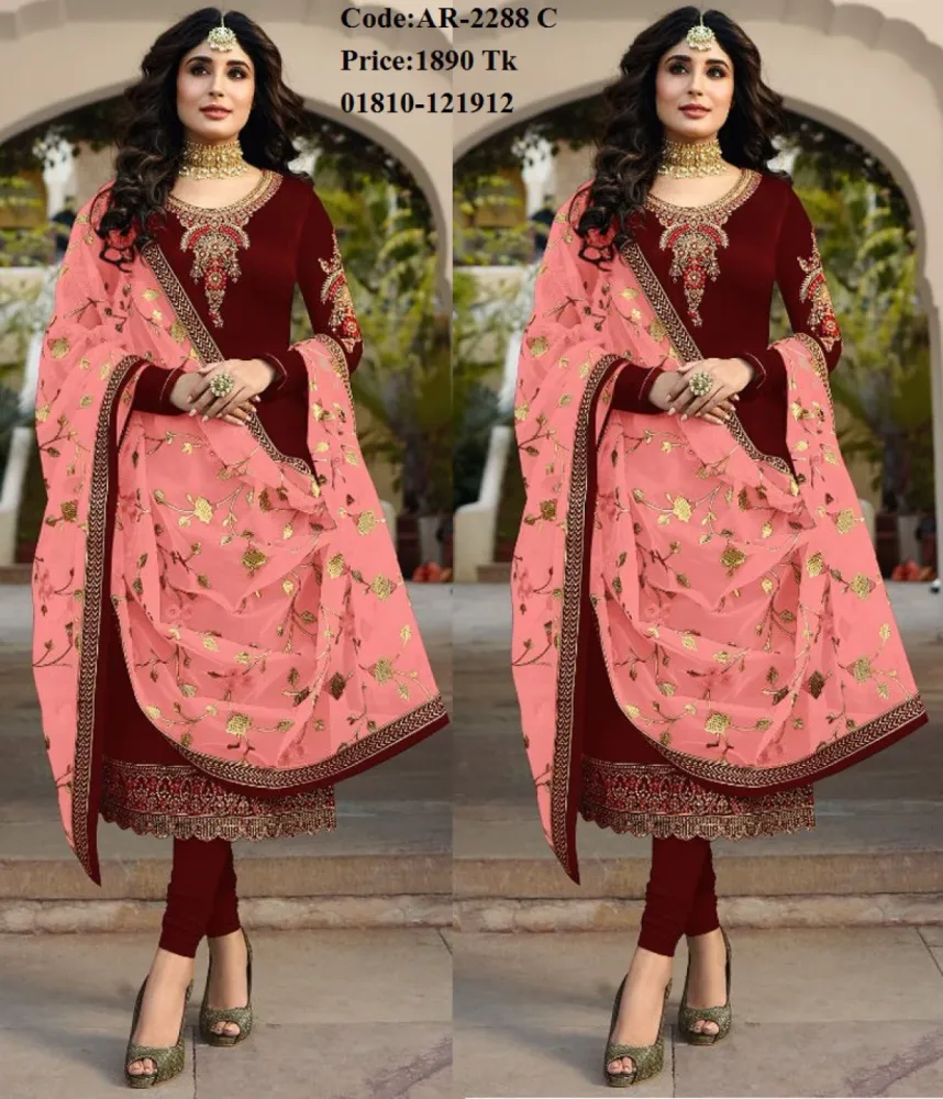 Maroon & Pink Embroidered Georgette Semi-Stitched Salwar Suit