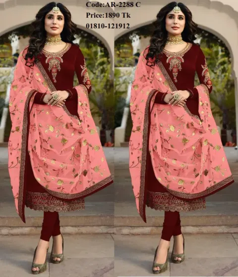 Maroon & Pink Embroidered Georgette Semi-Stitched Salwar Suit